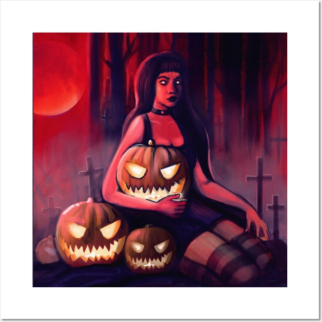 Young cute witch with Halloween Pumpkins Wall Art by Daria Popkova